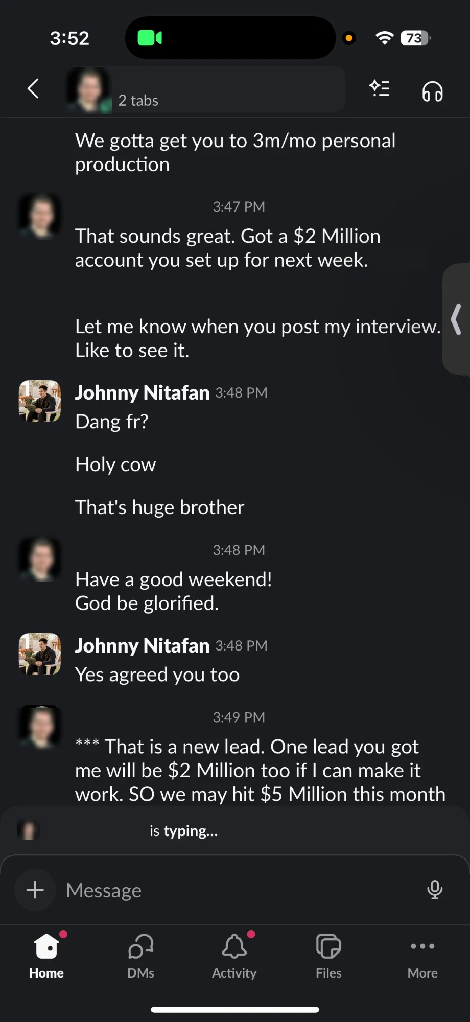Client message about appointments and closed annuity business, names hidden