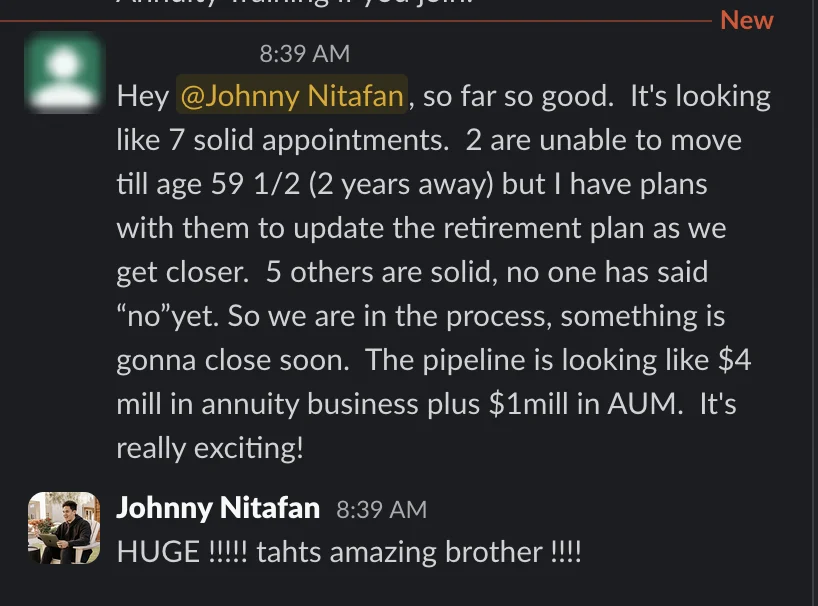 Client message about appointments and closed annuity business, names hidden