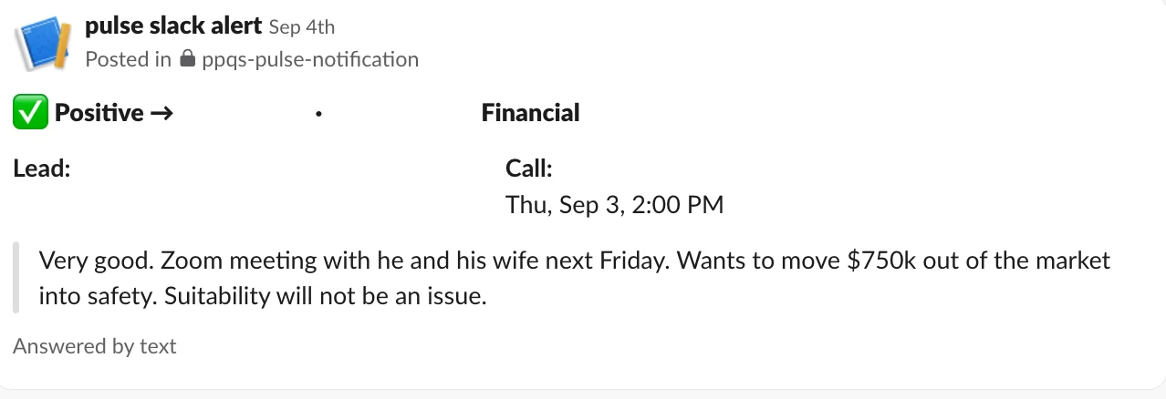 Client message about appointments and closed annuity business, names hidden
