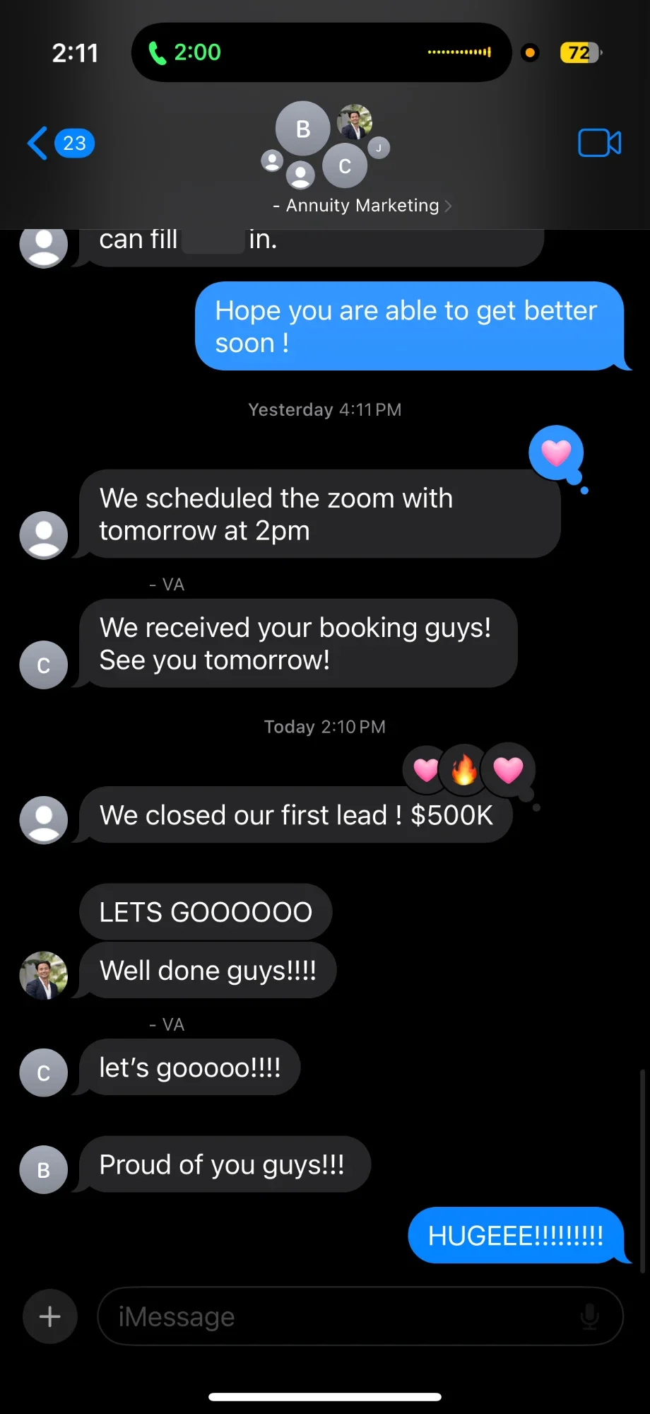 Client message about appointments and closed annuity business, names hidden
