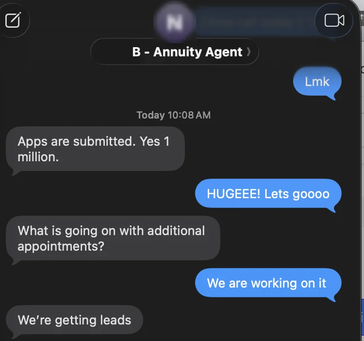 Client message about appointments and closed annuity business, names hidden