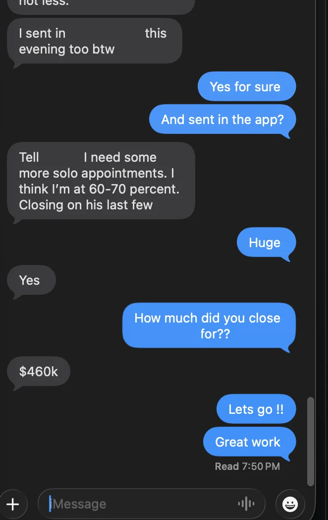 Client message about appointments and closed annuity business, names hidden