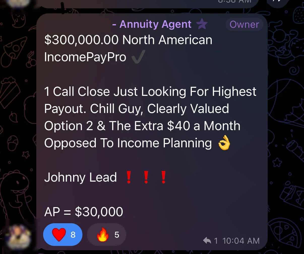 Client message about appointments and closed annuity business, names hidden