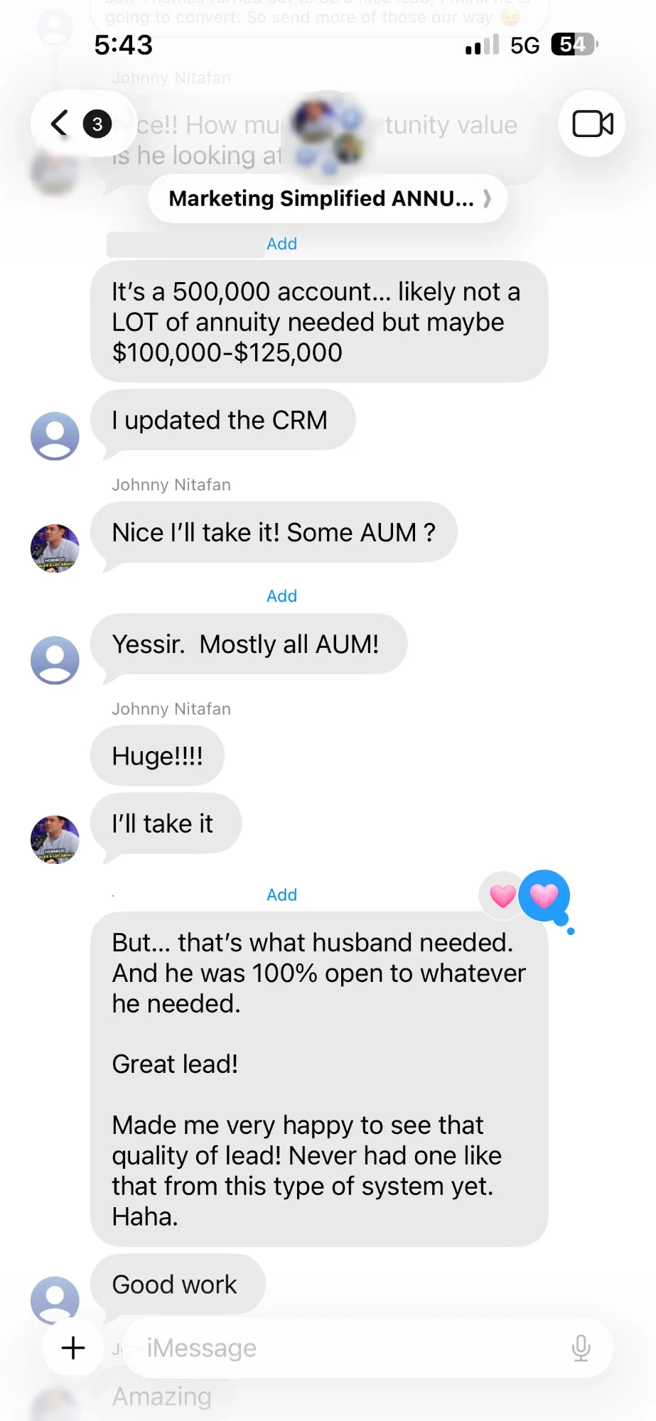 Client message about appointments and closed annuity business, names hidden