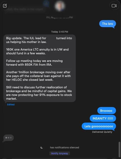 Client message about appointments and closed annuity business, names hidden